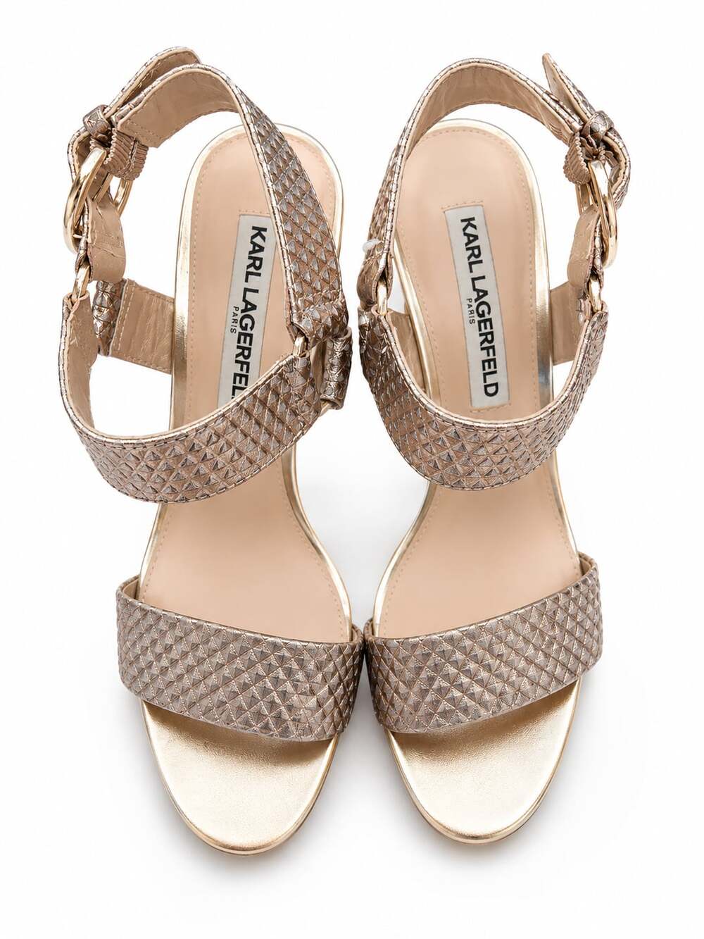 Karl Lagerfeld Paris Cieone Metallic Gold Triangle Textured Ankle Strap Heels